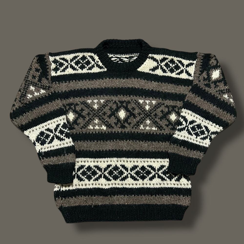 Vintage Wool Sweater Chunky Knit Nordic Crewneck Pullover 70s 80s Brown Medium